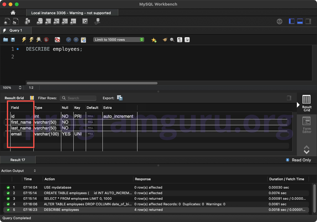 MySQL DESCRIBE TABLE