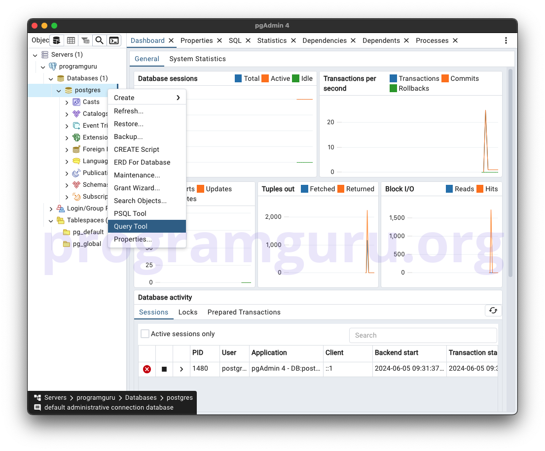 Step 2 - pgAdmin Open Query Tool for the Database