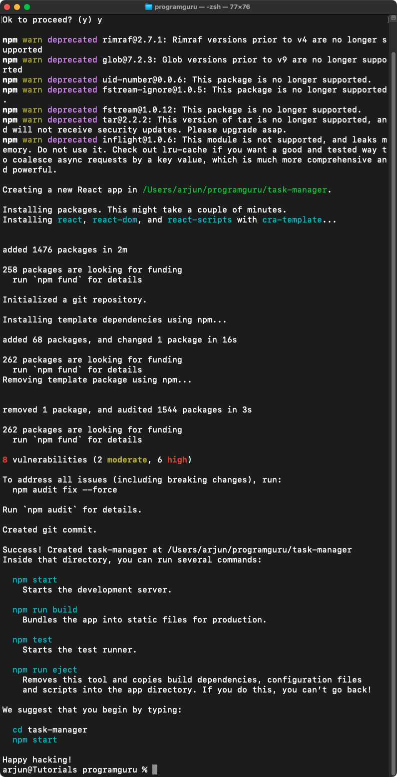 Terminal showing the output of the create-react-app command.