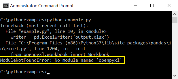 Terminal Output - ModuleNotFoundError: No module named 'openpyxl'